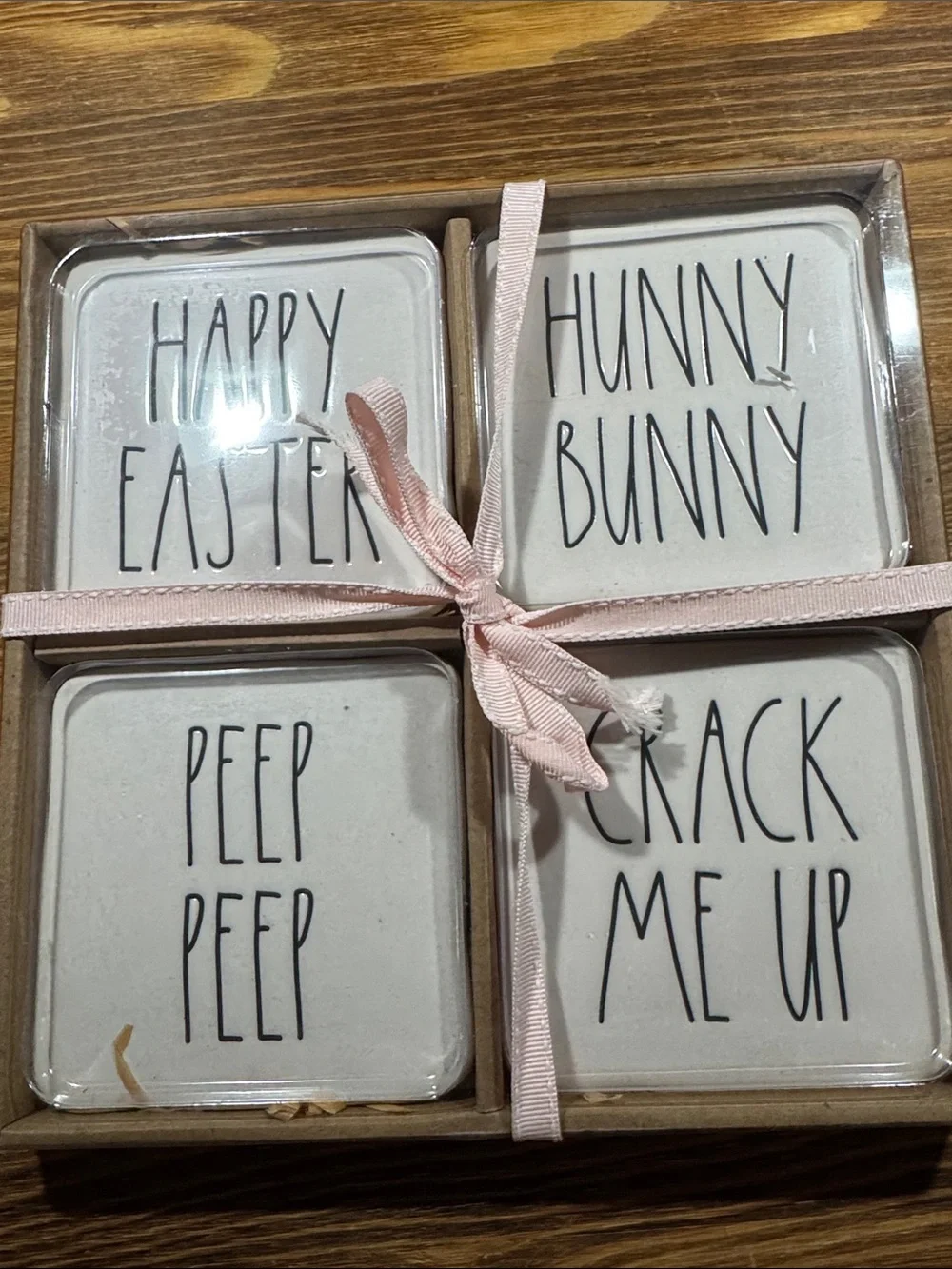 Rae Dunn White Ceramic Easter Coaster Set with Pink Ribbon